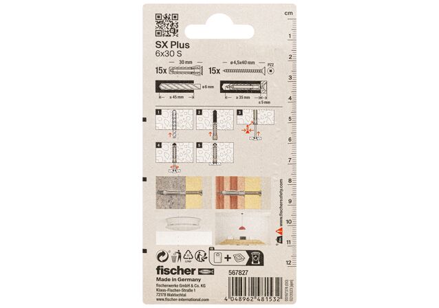 Packaging: "fischer Expansionsplugg SX Plus 6 x 30 S with screw"