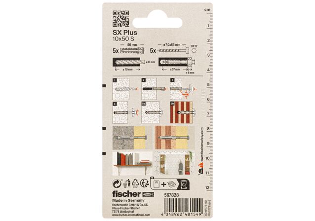 Emballasje: "fischer Nylonplugg SX Plus 10 x 50 S med skrue (NOBB 60129830)"