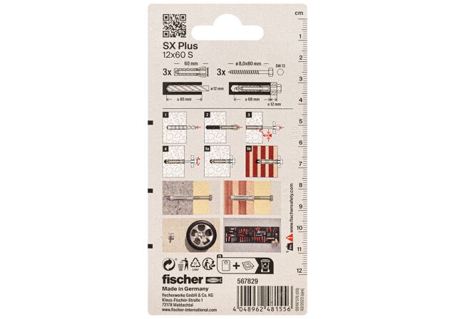 Packaging: "fischer plug SX Plus 12 x 60 S met zeskantschroef"