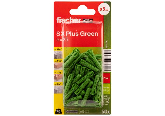 Emballasje: "fischer Nylonplugg SX Plus Green 5 x 25 (NOBB 60129842)"