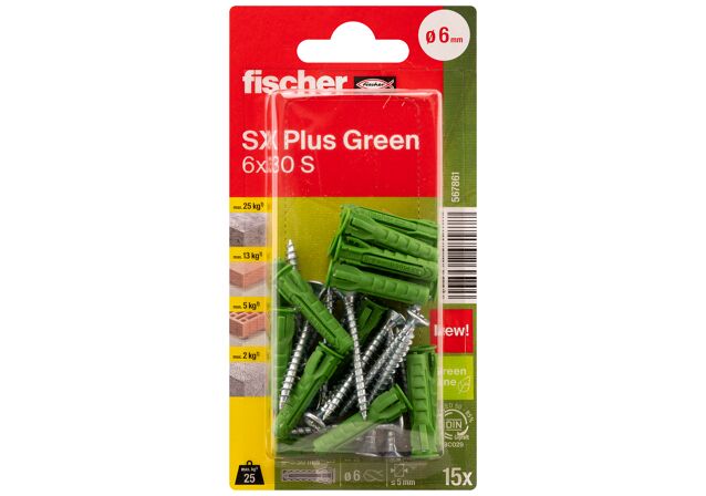 Emballasje: "fischer Nylonplugg SX Plus Green 6 x 30 S med skrue (NOBB 60129845)"