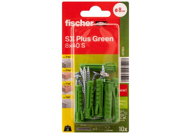 Packaging: "fischer Expansionsplugg SX Plus Green 8 x 40 S with screw"