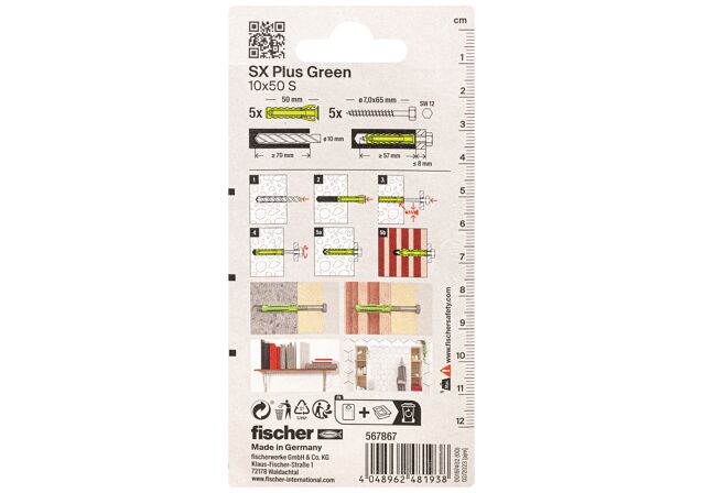Emballasje: "fischer Nylonplugg SX Plus Green 10 x 50 med skrue (NOBB 60129851)"