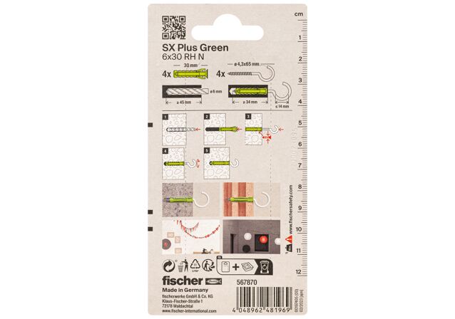 Packaging: "fischer dübel SX Plus Green 6 x 30 RH körkampóval"