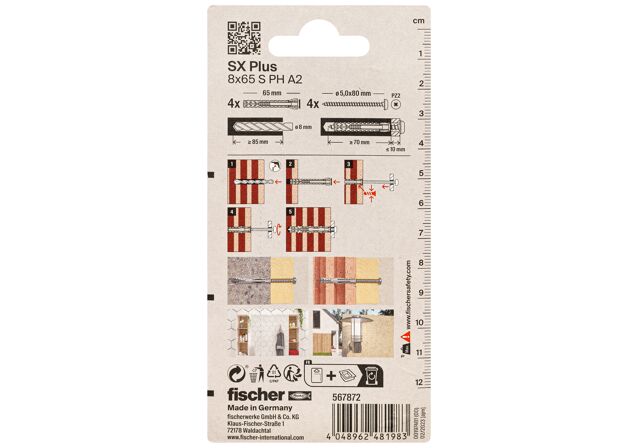 Packaging: "fischer plug SX Plus 8 x 65 S met bolkopschroef RVS A2"