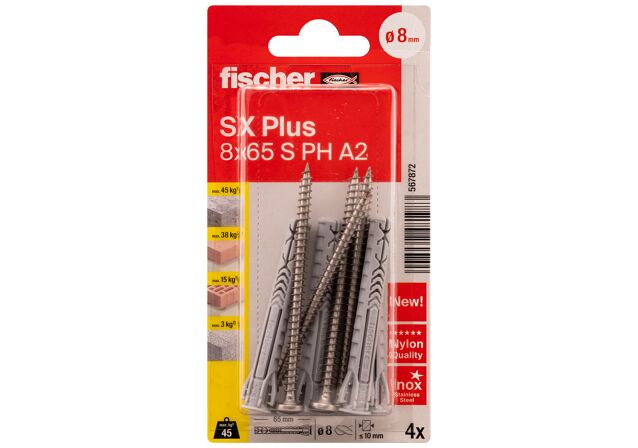 Packaging: "fischer Expansion plug SX Plus 8 x 65 S with screw A2 stainless steel"