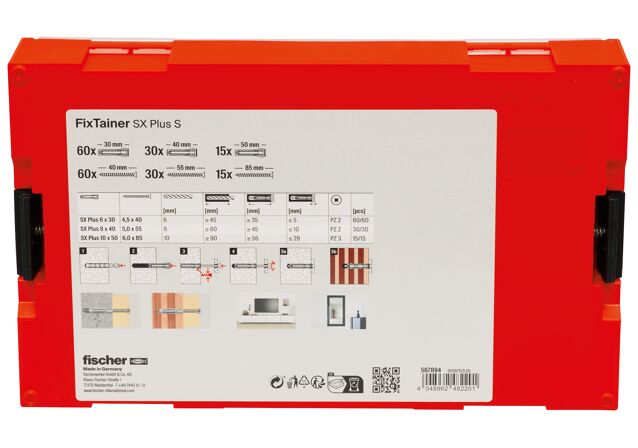 Packaging: "fischer FixTainer - Nailontulppa SX Plus 6,8,10 S ruuveilla"