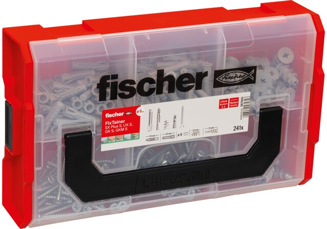 Obrázek výrobku: "fischer FixTainer - Rozpěrné hmoždinky SX Plus, univerzální hmoždinky UX 6 a 8 mm a hmoždinky do sádrokartonu GK s přiloženými vruty"