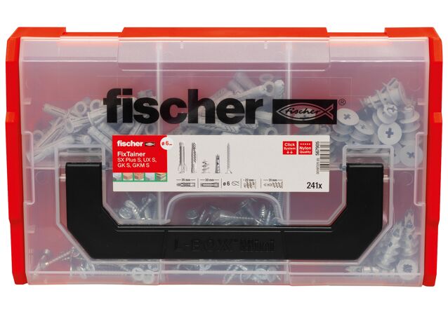 Balení: "fischer FixTainer - Rozpěrné hmoždinky SX Plus, univerzální hmoždinky UX 6 a 8 mm a hmoždinky do sádrokartonu GK s přiloženými vruty"