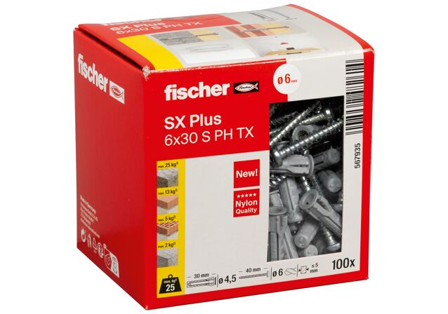 Packaging: "fischer Expansion plug SX Plus 6 x 30 S PH TX with Panhead screw"