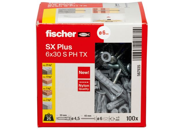 Packaging: "fischer dübel SX Plus 6 x 30 S PH TX lencsefejű csavarral"
