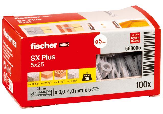 Packaging: "fischer Nailontulppa SX Plus 5 x 25"
