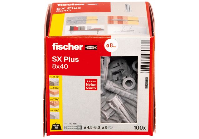 Packaging: "fischer Nailontulppa SX Plus 8 x 40"