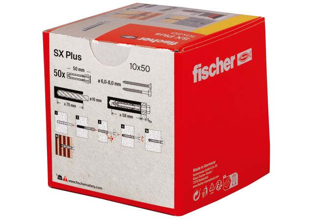 Packaging: "fischer Nailontulppa SX Plus 10 x 50"
