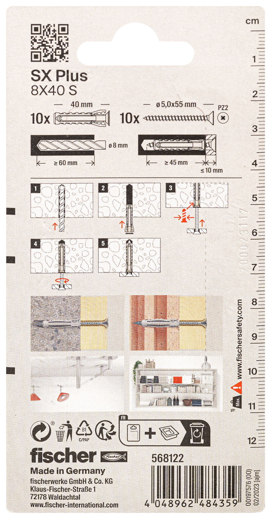 Packaging: "fischer Expansion plug SX Plus 8 x 40 S with screw"