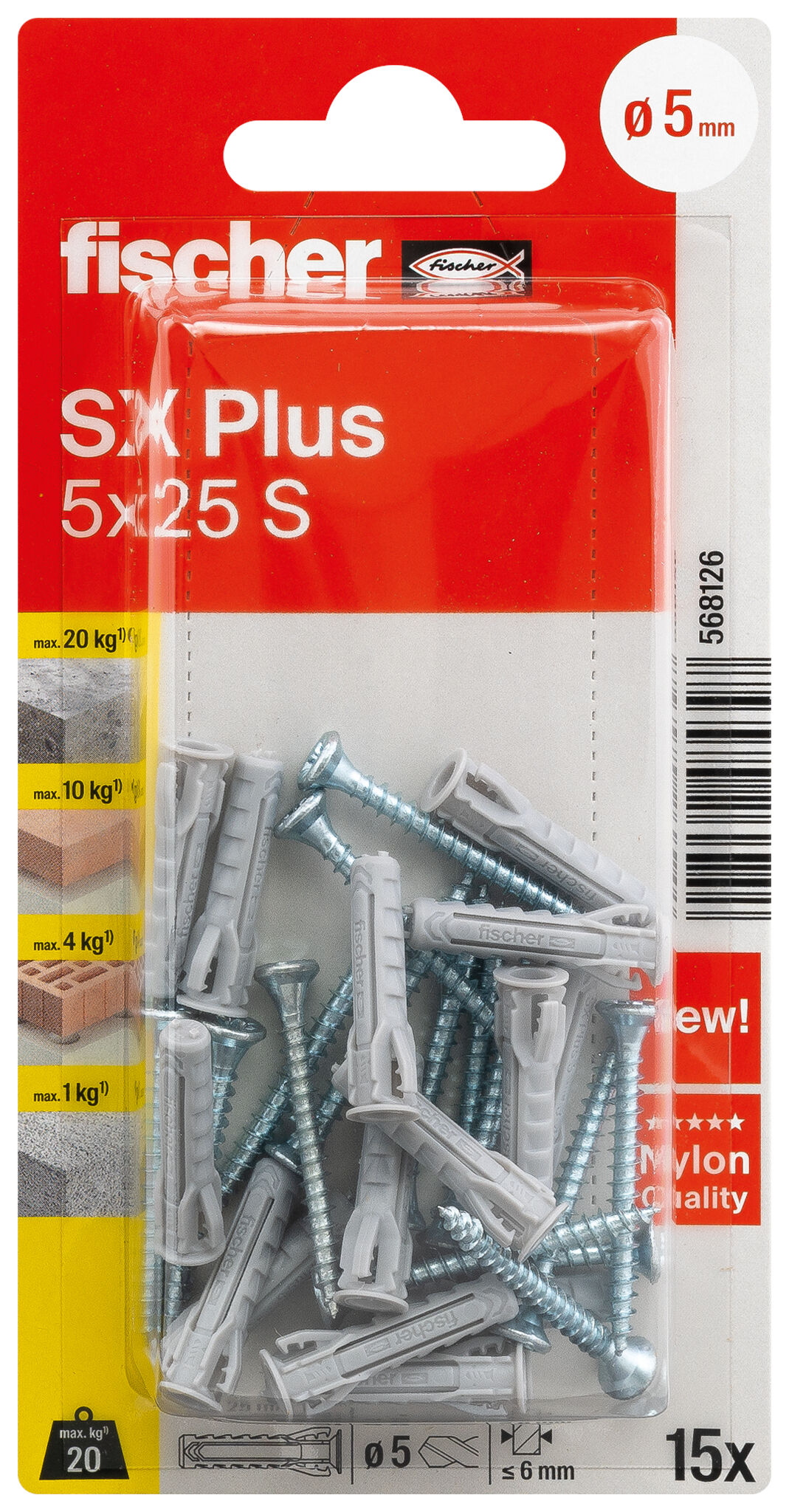 Packaging: "fischer Expansion plug SX Plus 5 x 25 S with screw"