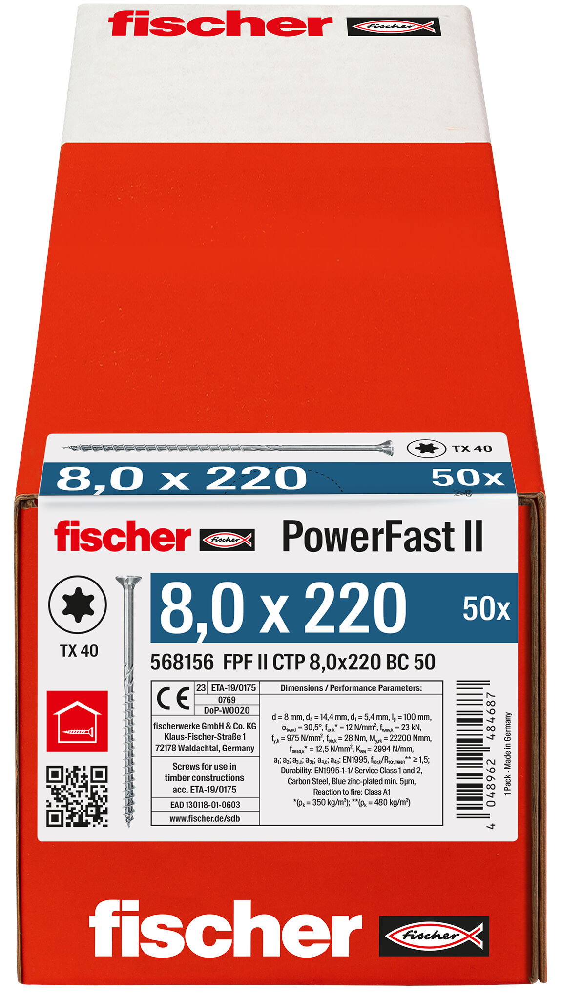 Packaging: "fischer PowerFast FPF II CTP 8.0 x 220 BC 50 countersunk head TX star recess partial thread blue zinc plated"