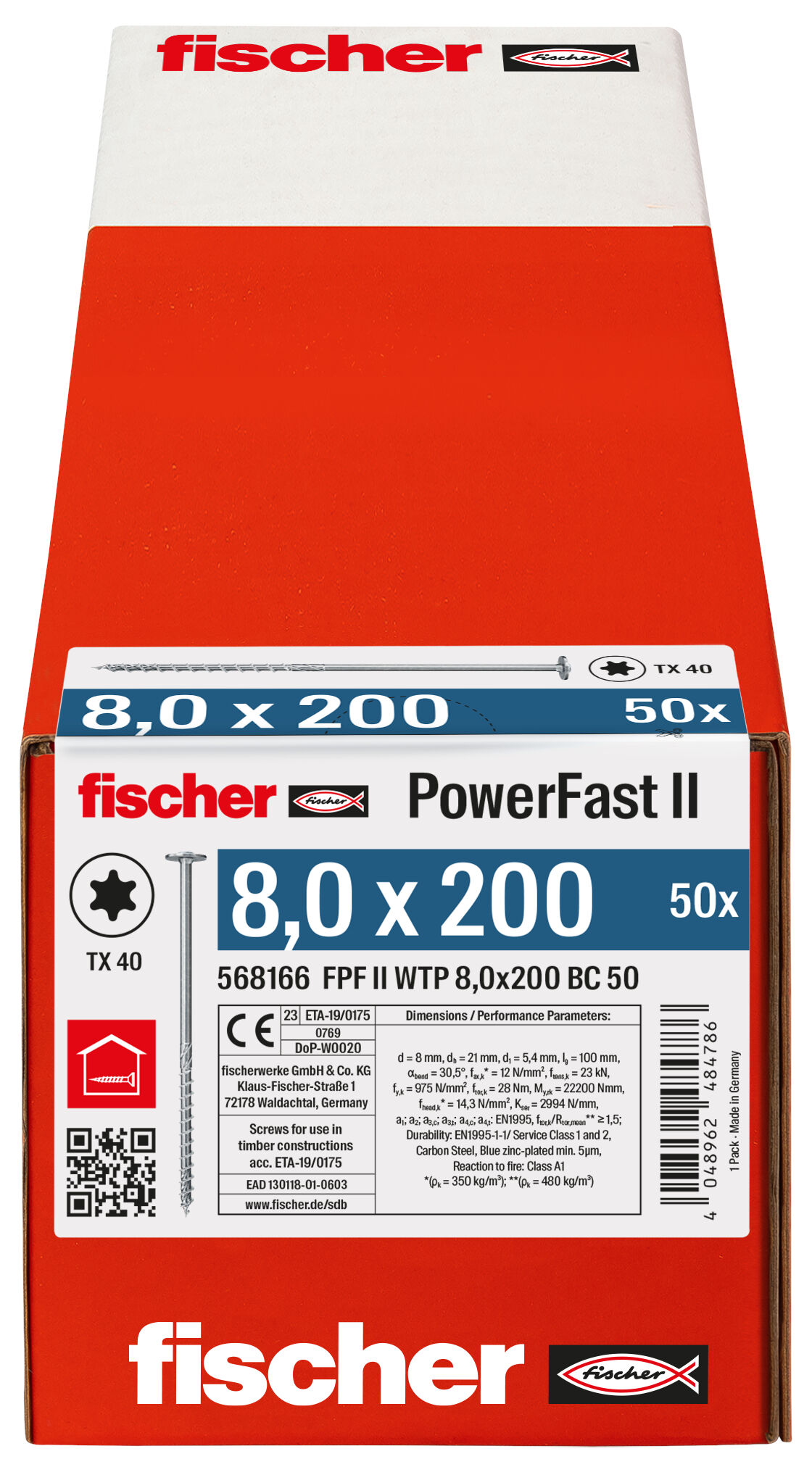 Packaging: "fischer PowerFast FPF II WTP 8.0 x 200 BC 50 flange head TX star recess partial thread blue zinc plated"