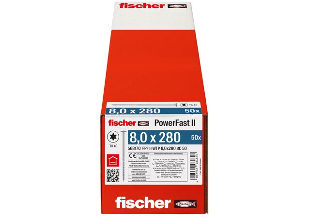 Emballasje: "fischer PowerFast FPF II WTP Konstruksjonsskrue 8.0 x 280 BC à 50 stk montasjehode TX delgjenget ELZ for innendørs bruk"