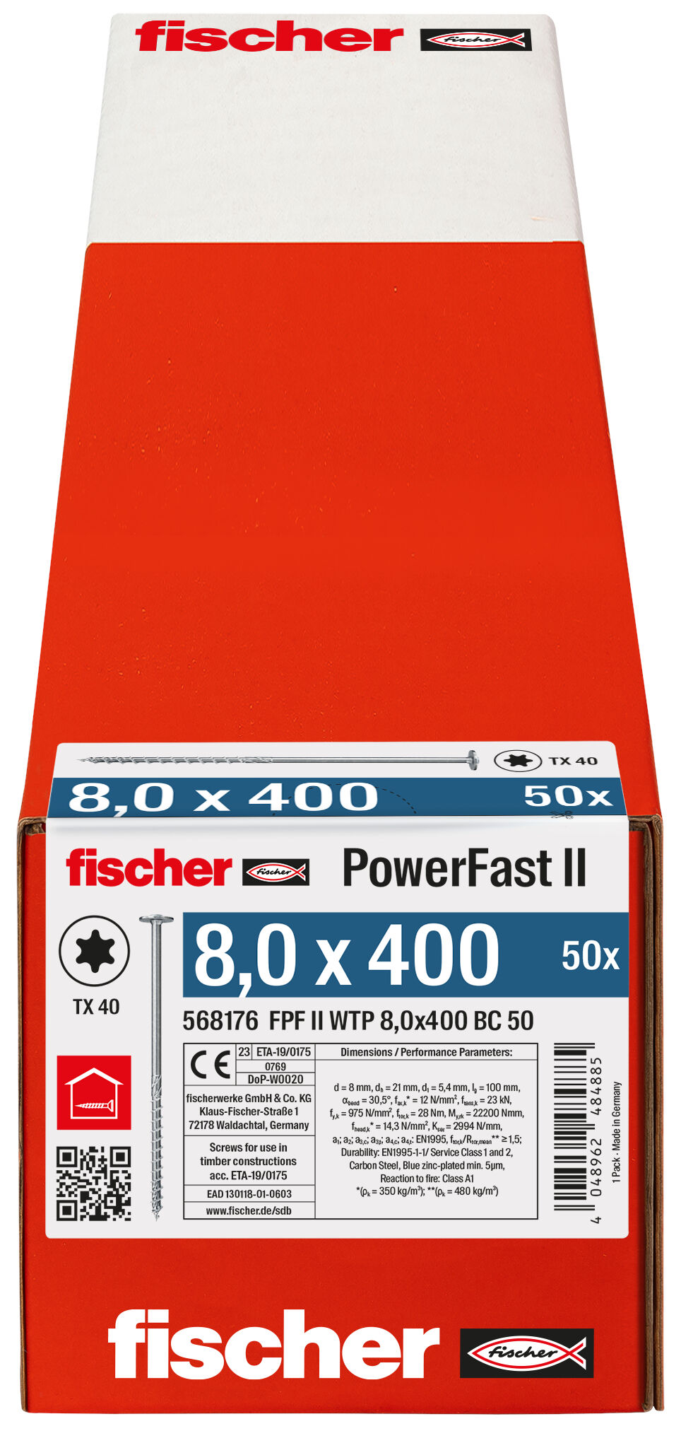 Packaging: "fischer PowerFast FPF II WTP 8.0 x 400 BC 50 flange head TX star recess partial thread blue zinc plated"