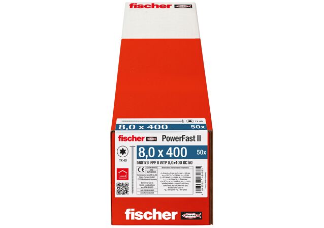 Emballasje: "fischer PowerFast FPF II WTP Konstruksjonsskrue 8.0 x 400 BC à 50 stk montasjehode TX delgjenget ELZ for innendørs bruk"