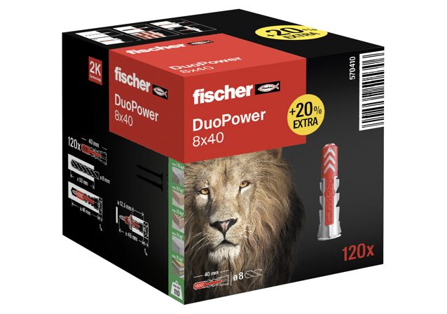Verpackung: "fischer DuoPower 8 x 40 (+20% mehr Inhalt)"