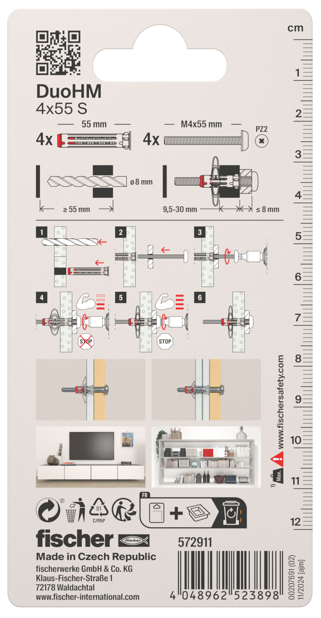 Packaging: "fischer cavity fixing DuoHM 4 x 55 S PH PZ, Panhead screw, PZ-drive"