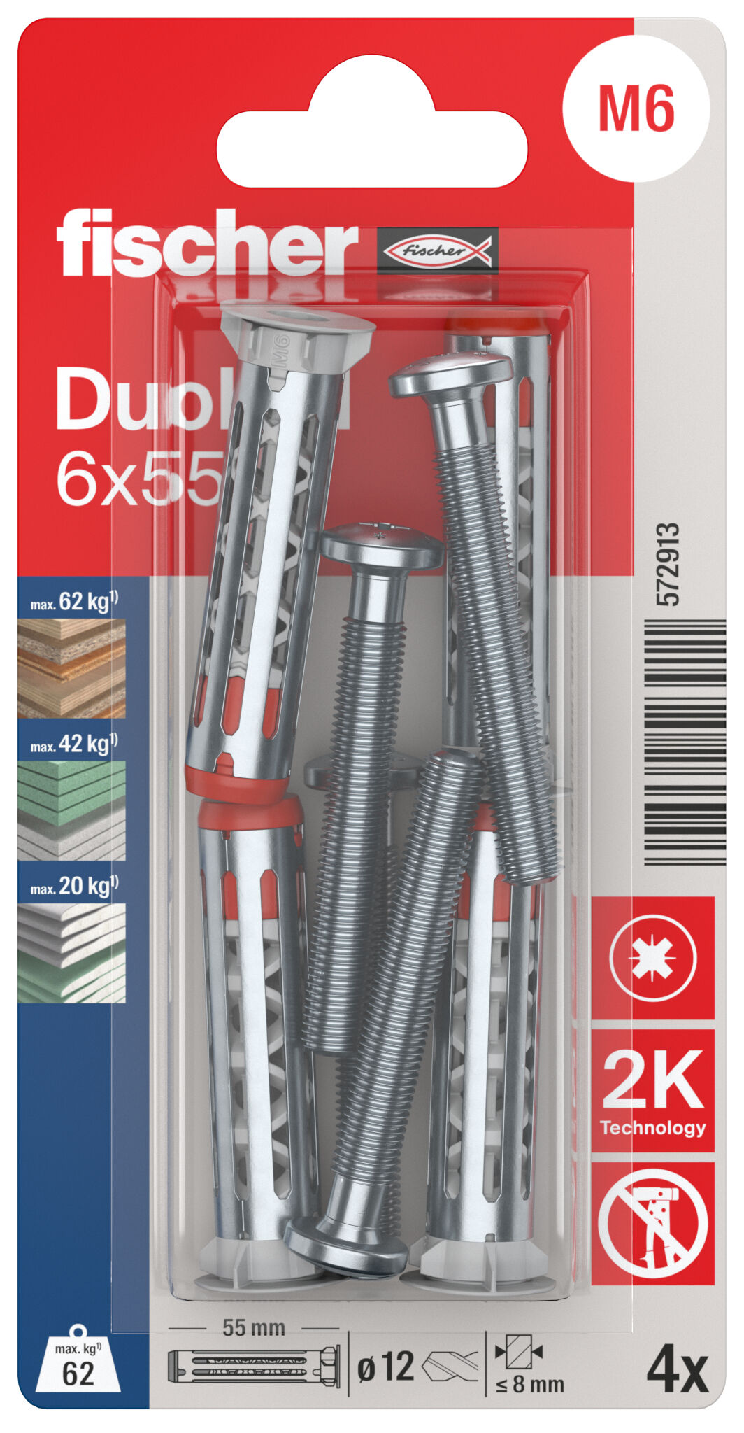 Packaging: "fischer cavity fixing DuoHM 6 x 55 S PH PZ, Panhead screw, PZ-drive"