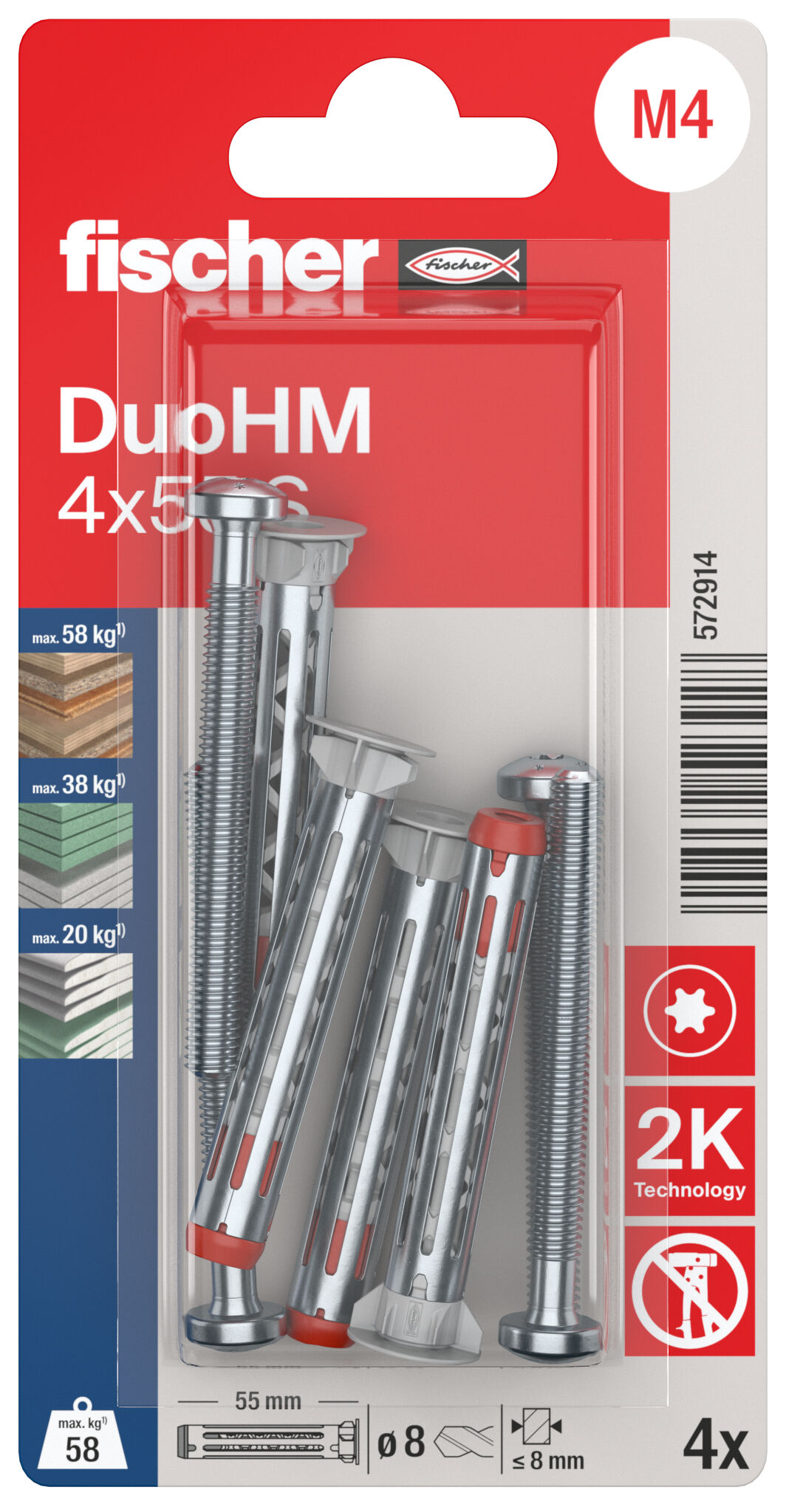 Packaging: "fischer cavity fixing DuoHM 4 x 55 S PH TX, Panhead screw, TX-drive"