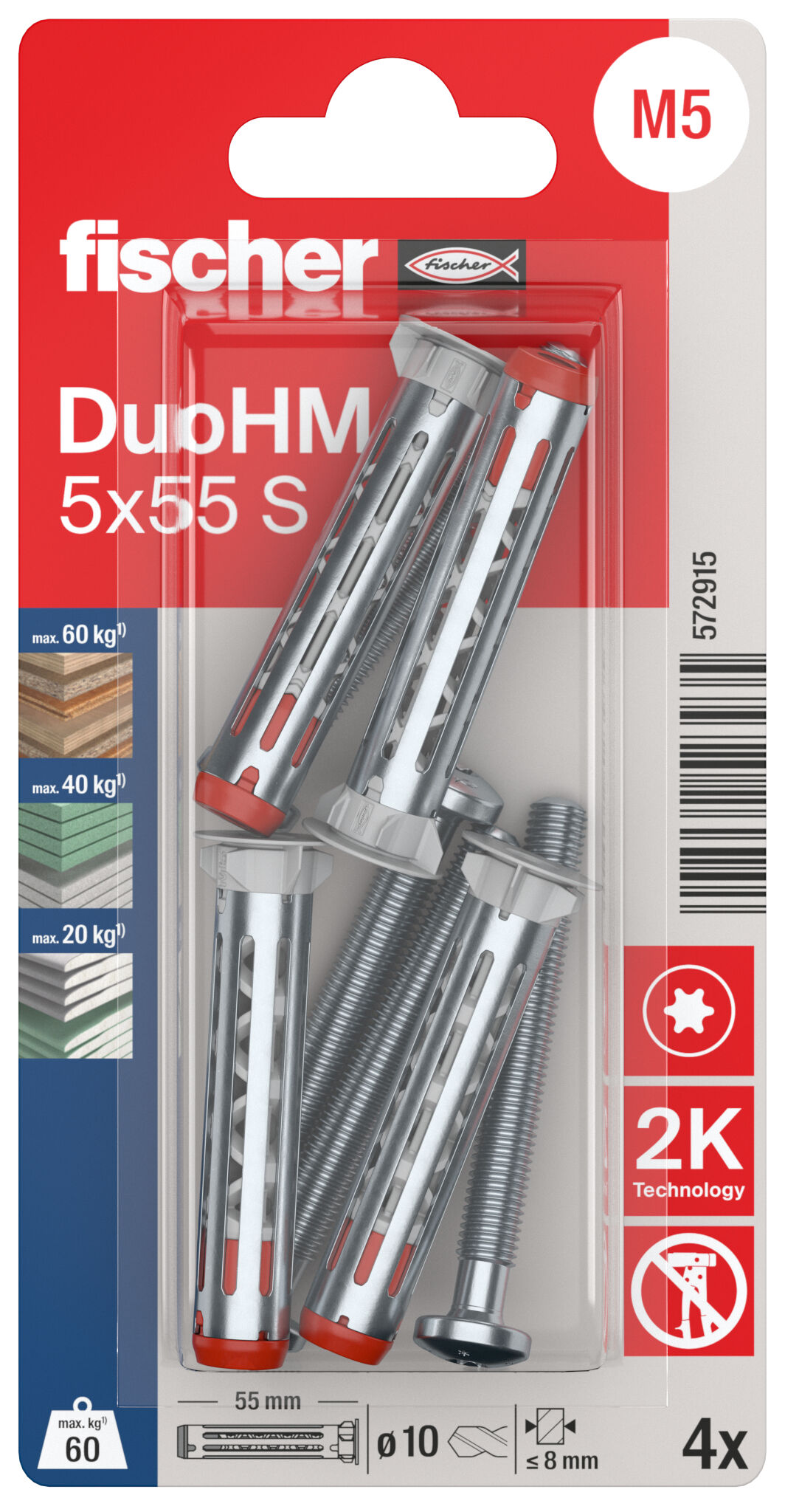 Packaging: "fischer cavity fixing DuoHM 5 x 55 S PH TX, Panhead screw, TX-drive"