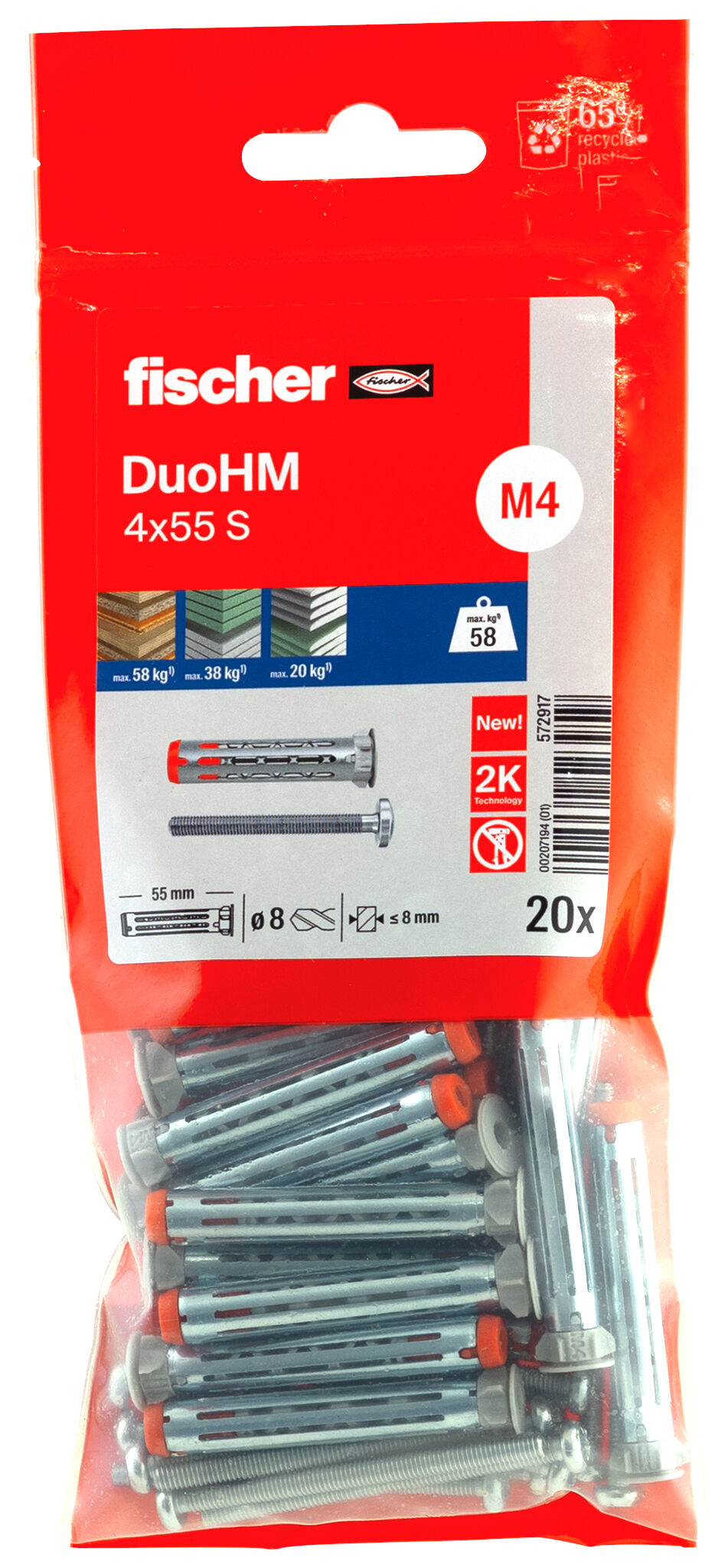 Packaging: "fischer cavity fixing DuoHM 4 x 55 S PH PZ, Panhead screw, PZ-drive"