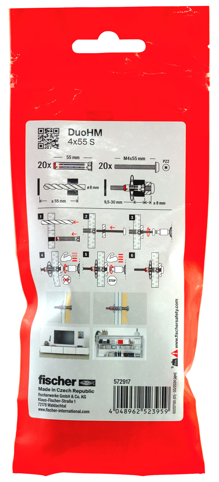 Packaging: "fischer cavity fixing DuoHM 4 x 55 S PH PZ, Panhead screw, PZ-drive"
