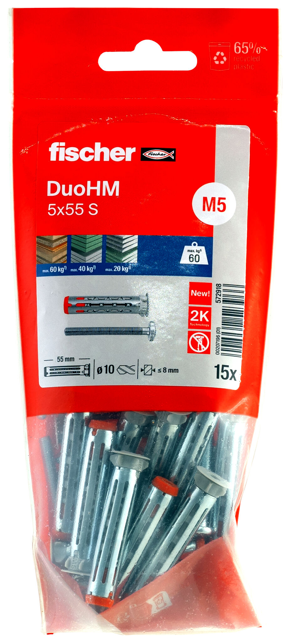 Packaging: "fischer cavity fixing DuoHM 5 x 55 S PH PZ, Panhead screw, PZ-drive"