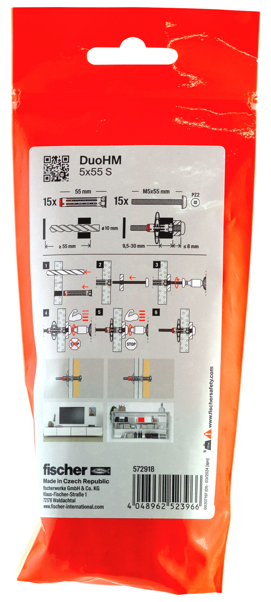 Packaging: "fischer cavity fixing DuoHM 5 x 55 S PH PZ, Panhead screw, PZ-drive"