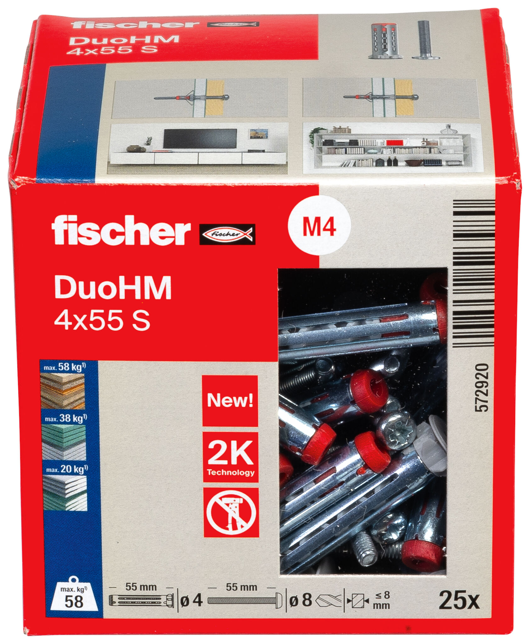 Packaging: "fischer cavity fixing DuoHM 4 x 55 S PH PZ, Panhead screw, PZ-drive"