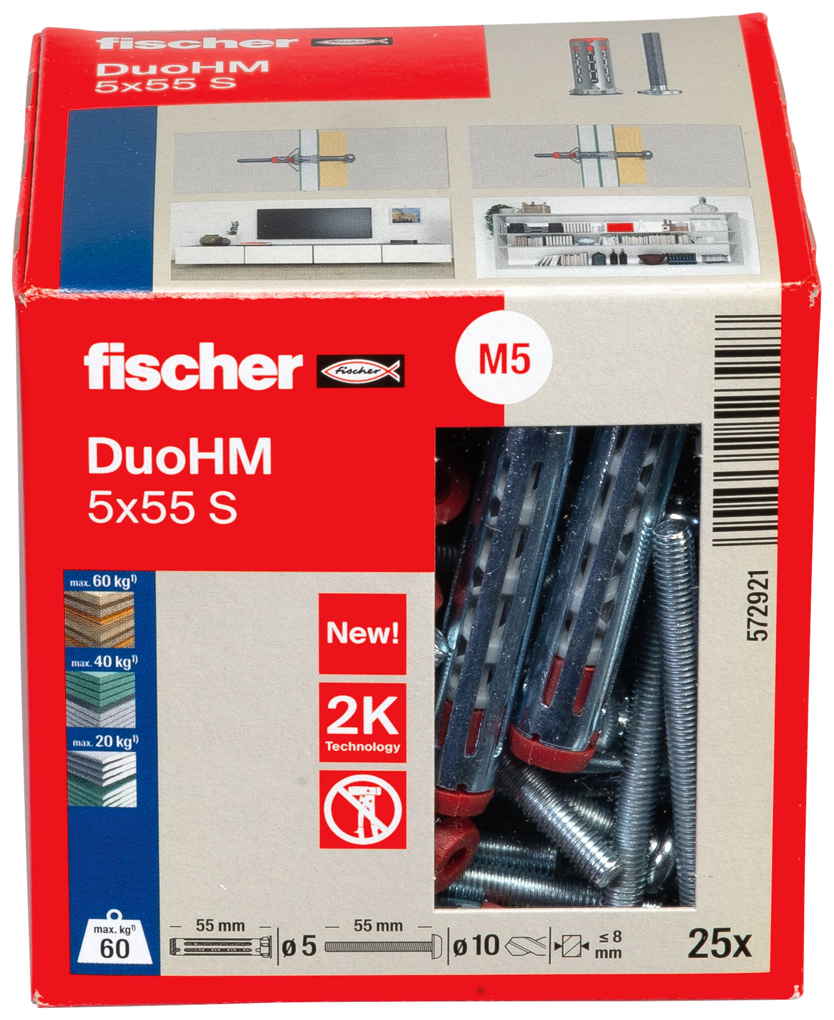 Packaging: "fischer cavity fixing DuoHM 5 x 55 S PH PZ, Panhead screw, PZ-drive"