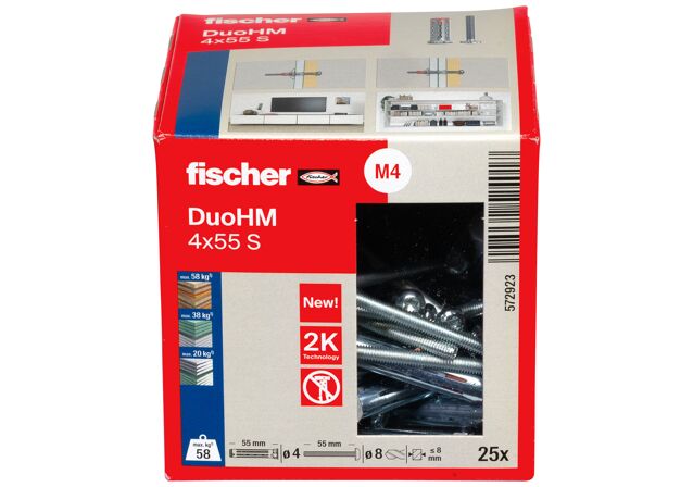 Verpackung: "fischer Hohlraumdübel DuoHM 4 x 55 S PH TX, Panhead-Schraube, TX-Antrieb"