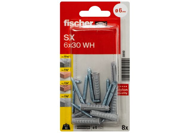 Packaging: "fischer Expansion plug SX 6 x 30 WH with angle hook"