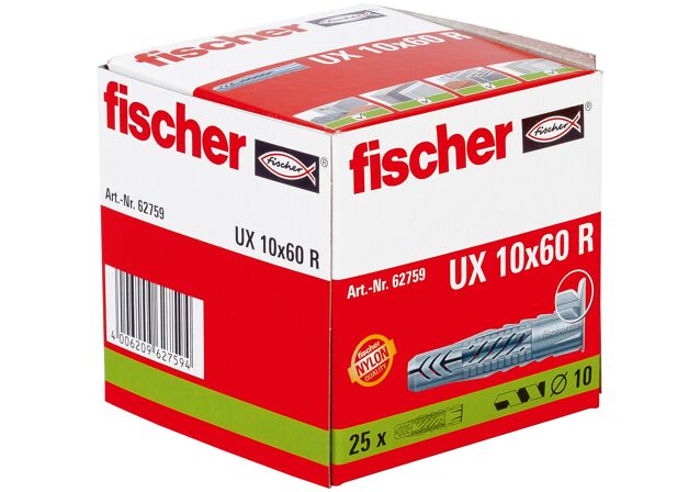 Balení: "fischer univerzální hmoždinka UX 10 x 60 R S s límečkem v kartonu"