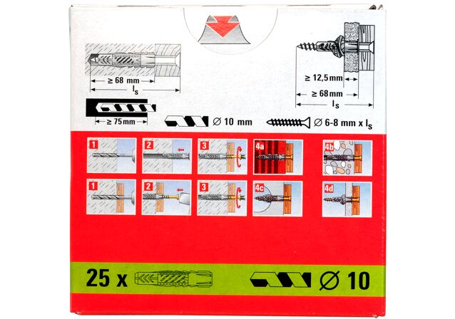 Packaging: "fischer univerzális dübel UX 10 x 60 kartonban"