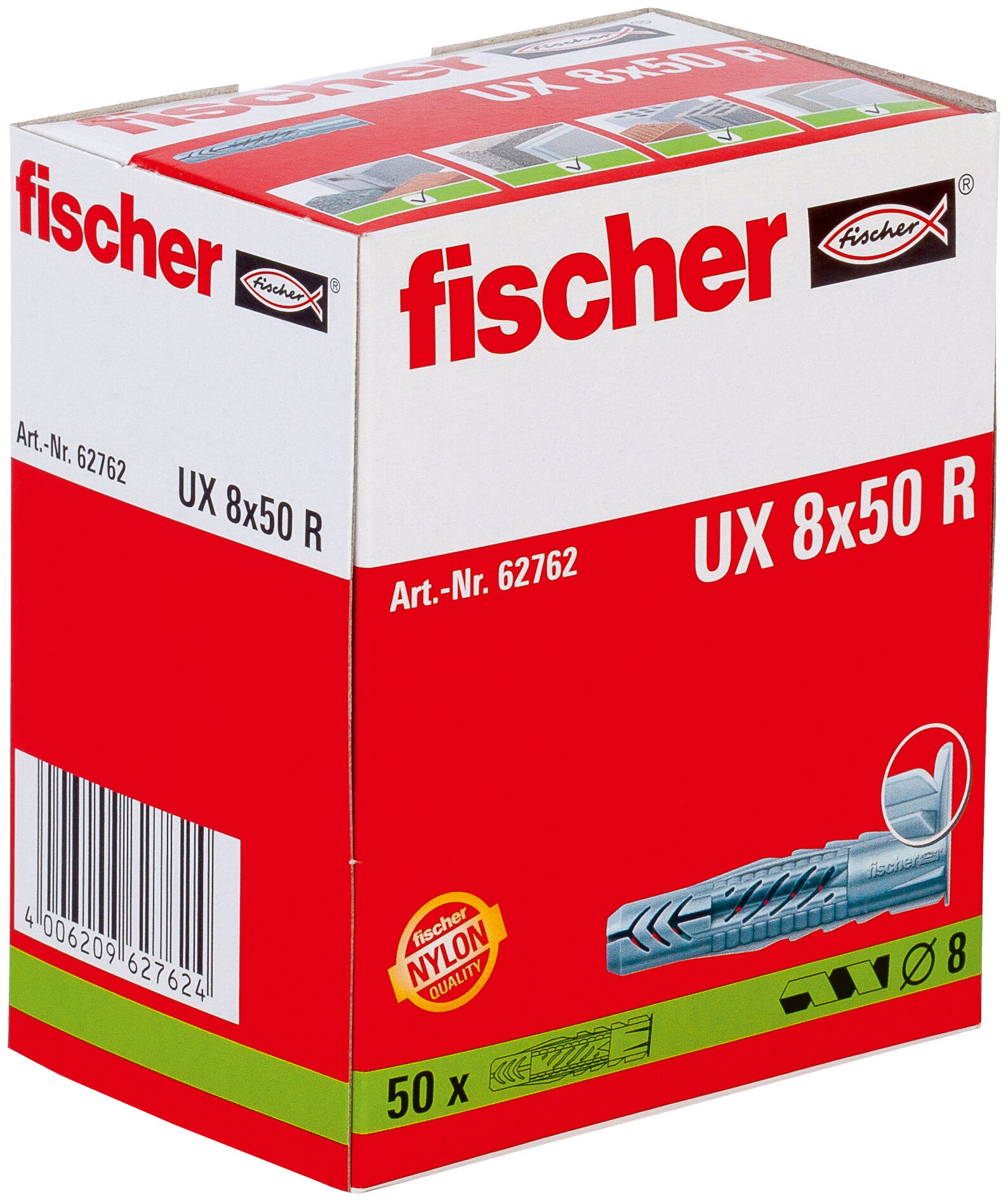 Packaging: "fischer Universal plug UX 8 x 50 R with rim in carton"