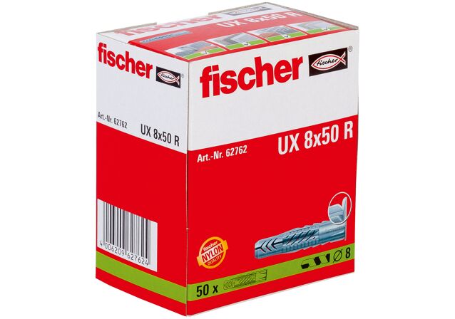 Packaging: "fischer Universal plug UX 8 x 50 R with rim in carton"