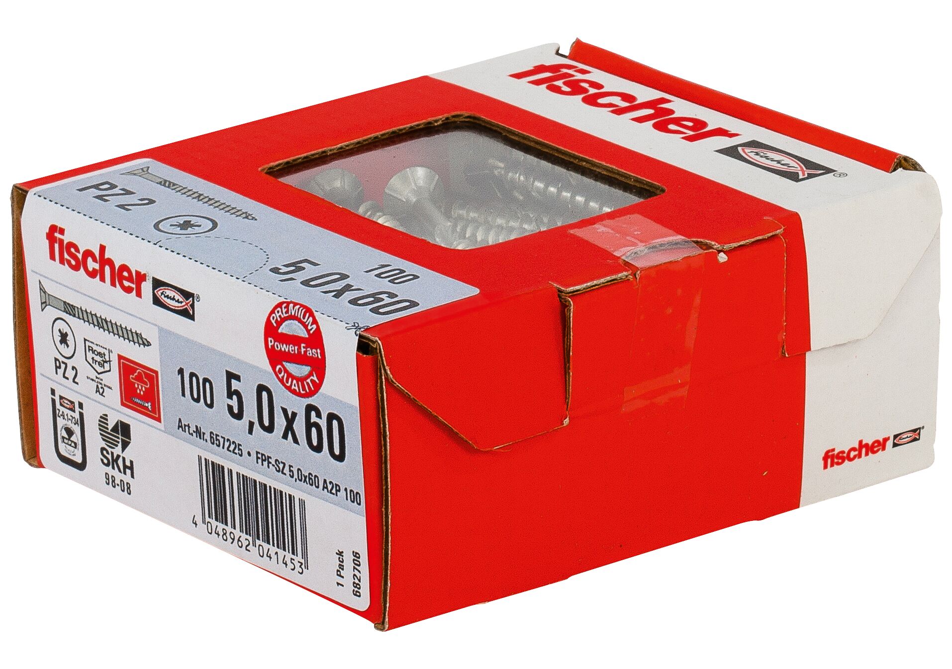 피셔 PowerFast 5 x 60 카운터성크(countersunk) 머리, A2 부분 나사산, 십자 드라이브 PZ