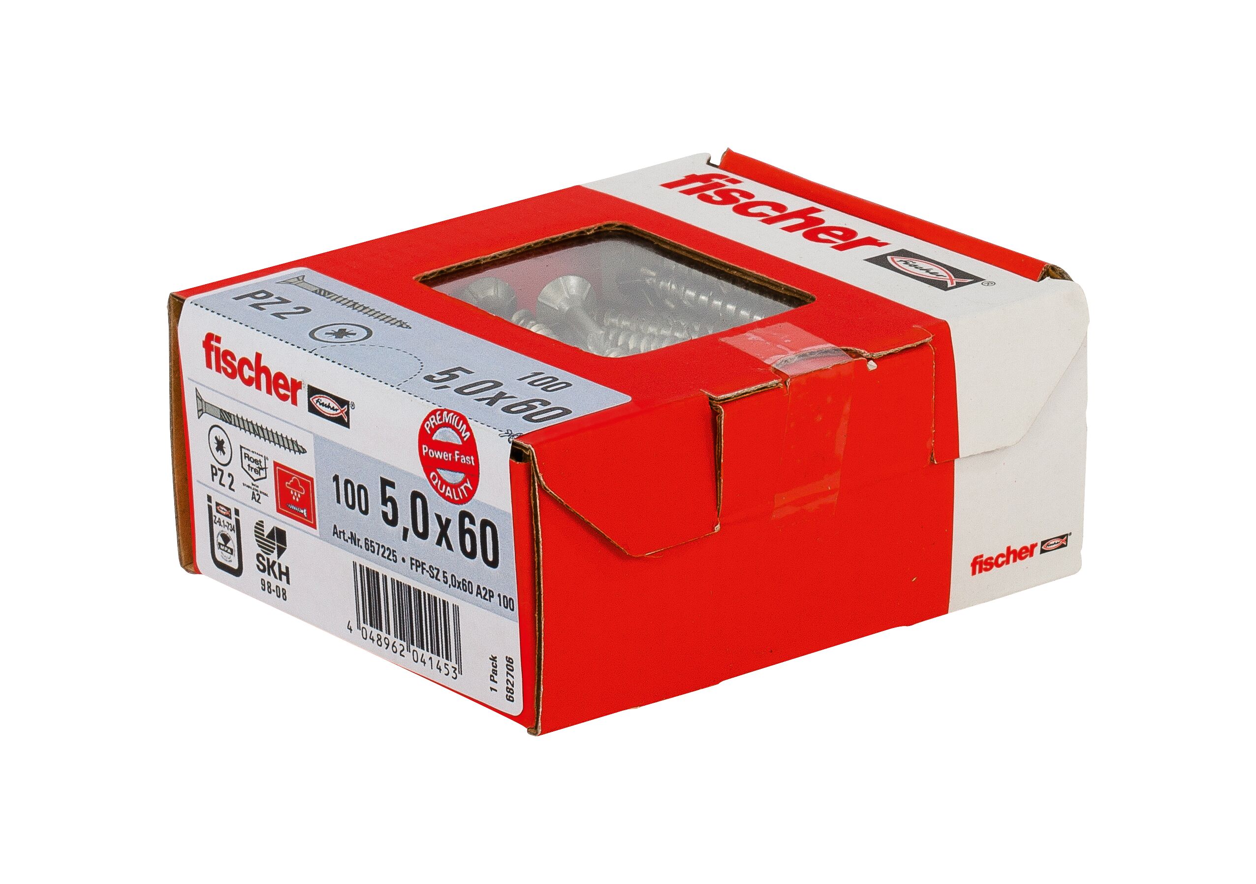 피셔 PowerFast 5 x 60 카운터성크(countersunk) 머리, A2 부분 나사산, 십자 드라이브 PZ