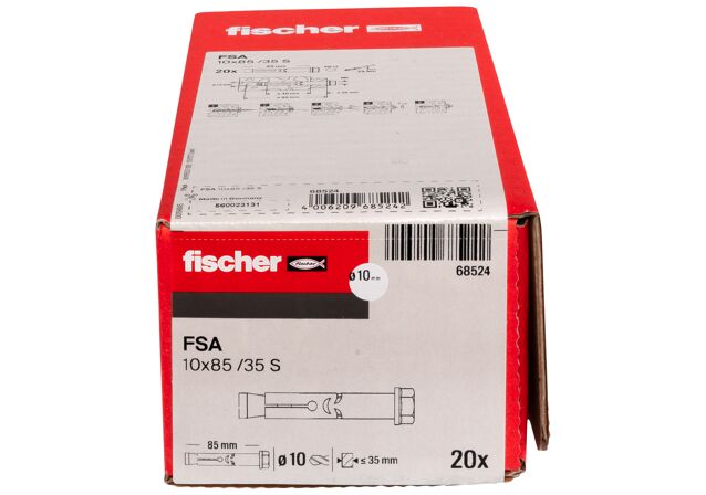 Packaging: "fischer Sleeve anchor FSA 10 x 85/35 S electro zinc plated"