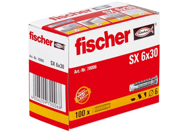 Emballasje: "fischer Nylonplugg SX 6 x 30 med krage (NOBB 23221310)"