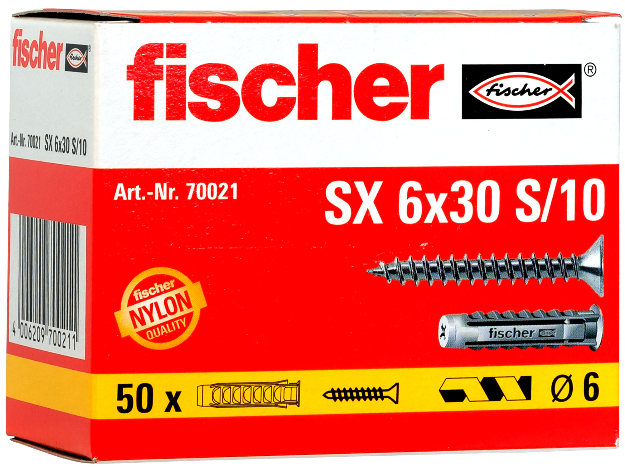 Packaging: "fischer Expansion plug SX 6 x 30 with rim and screw"