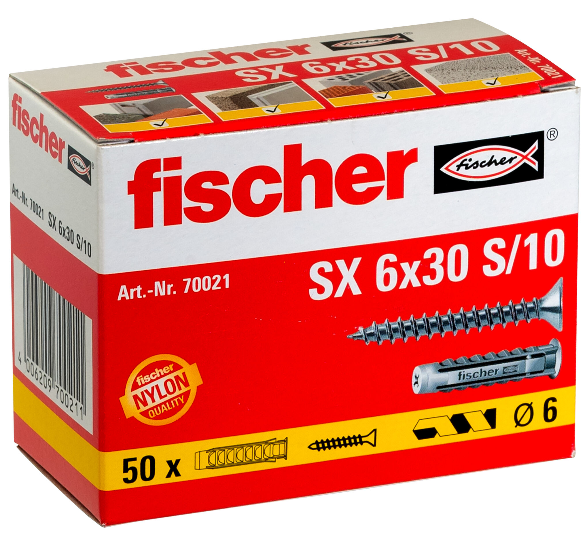 Packaging: "fischer Expansion plug SX 6 x 30 with rim and screw"