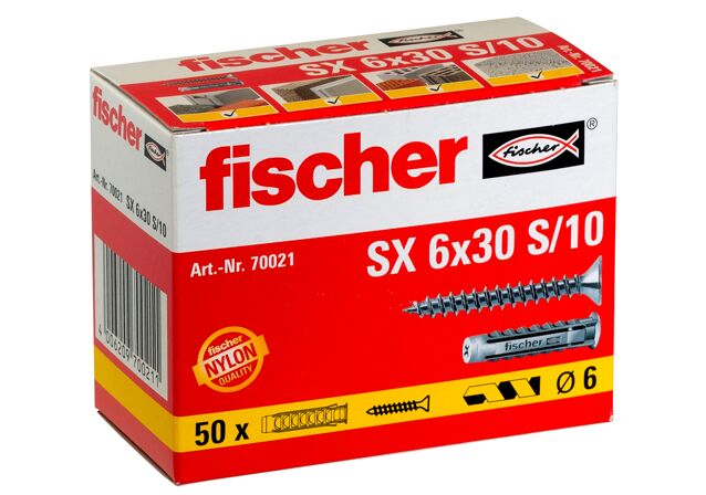 Packaging: "fischer Expansion plug SX 6 x 30 with rim and screw"