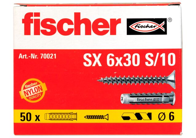 Packaging: "fischer Dybel SX 6 x 30 med krave og skrue"
